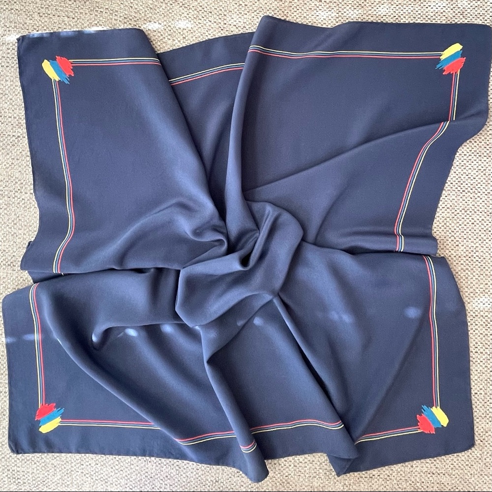 Pure Silk Made in Italy Navy Blue/Red/Turquoise/Yellow Striped Borders Scarf